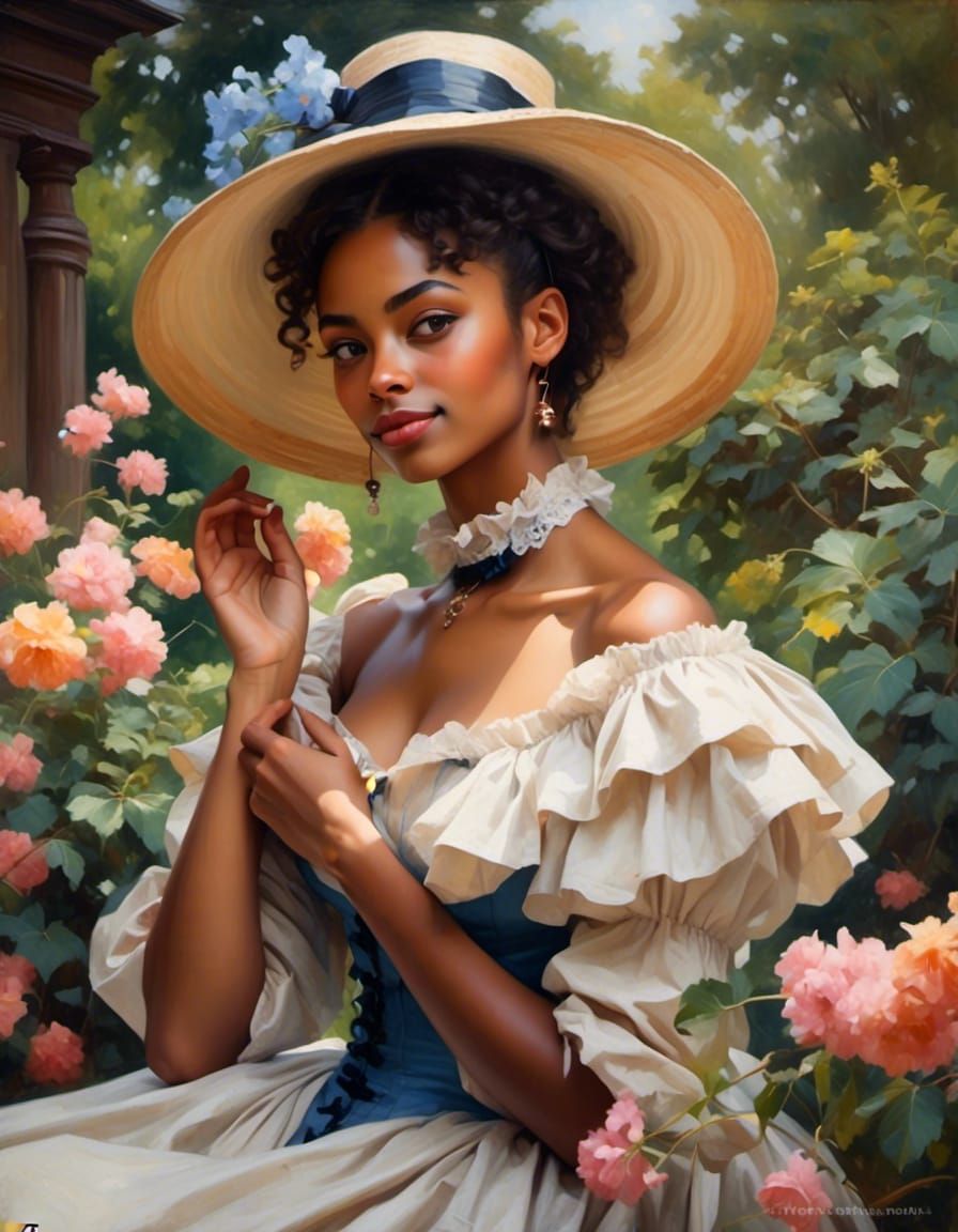 Playful Victorian Woman in Garden Portrait