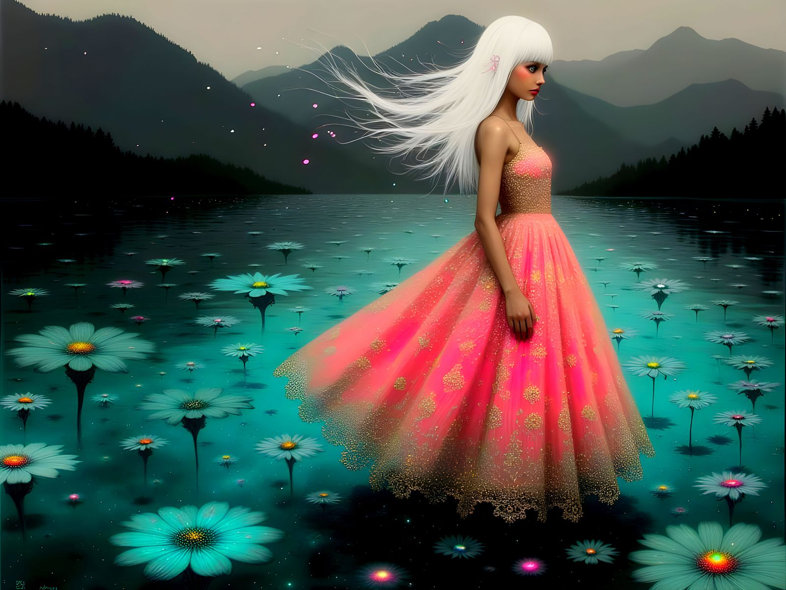 Ethereal Albino Goddess on Turquoise Lake