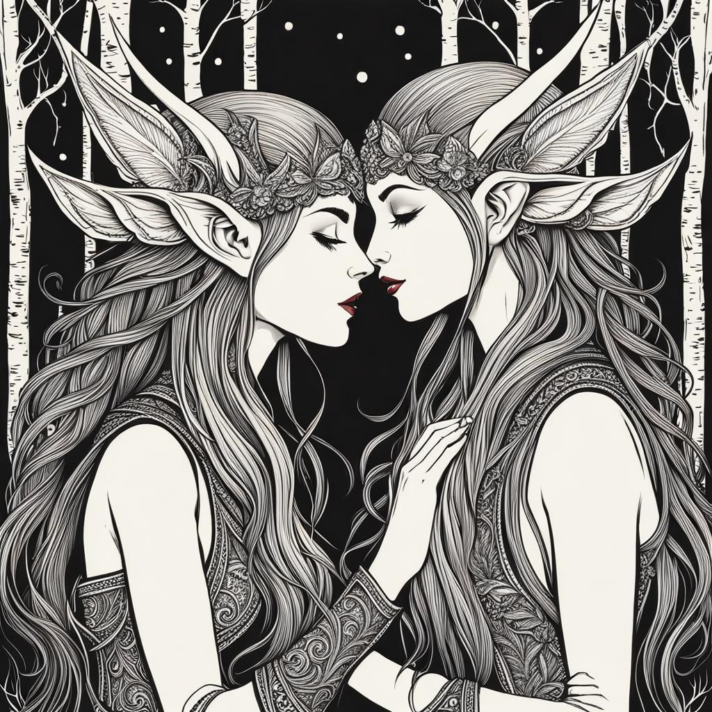 Romantic Kiss Between Two Wood-Elves