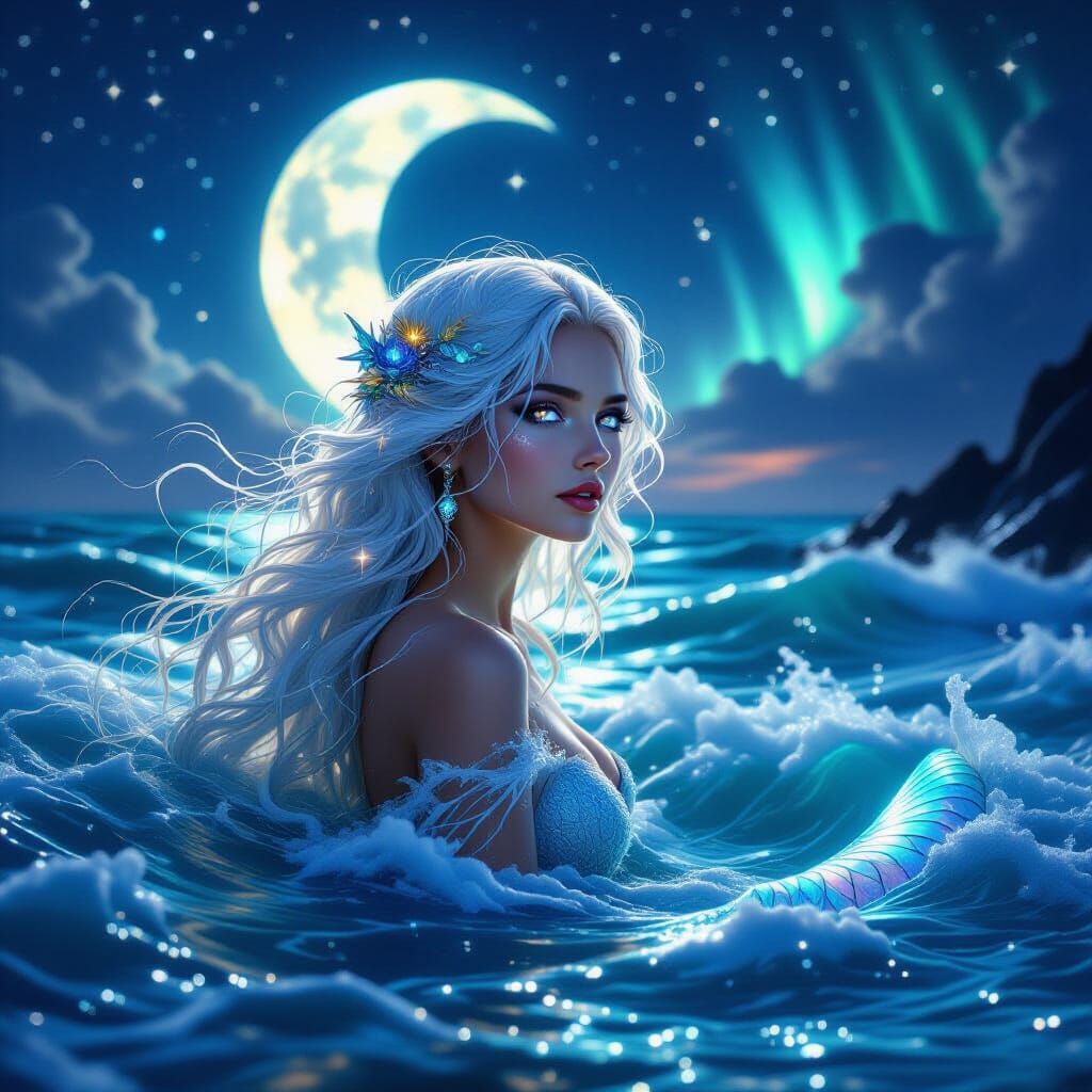 Siren Emerges from Moonlit Ocean in Hyperreal Fantasy
