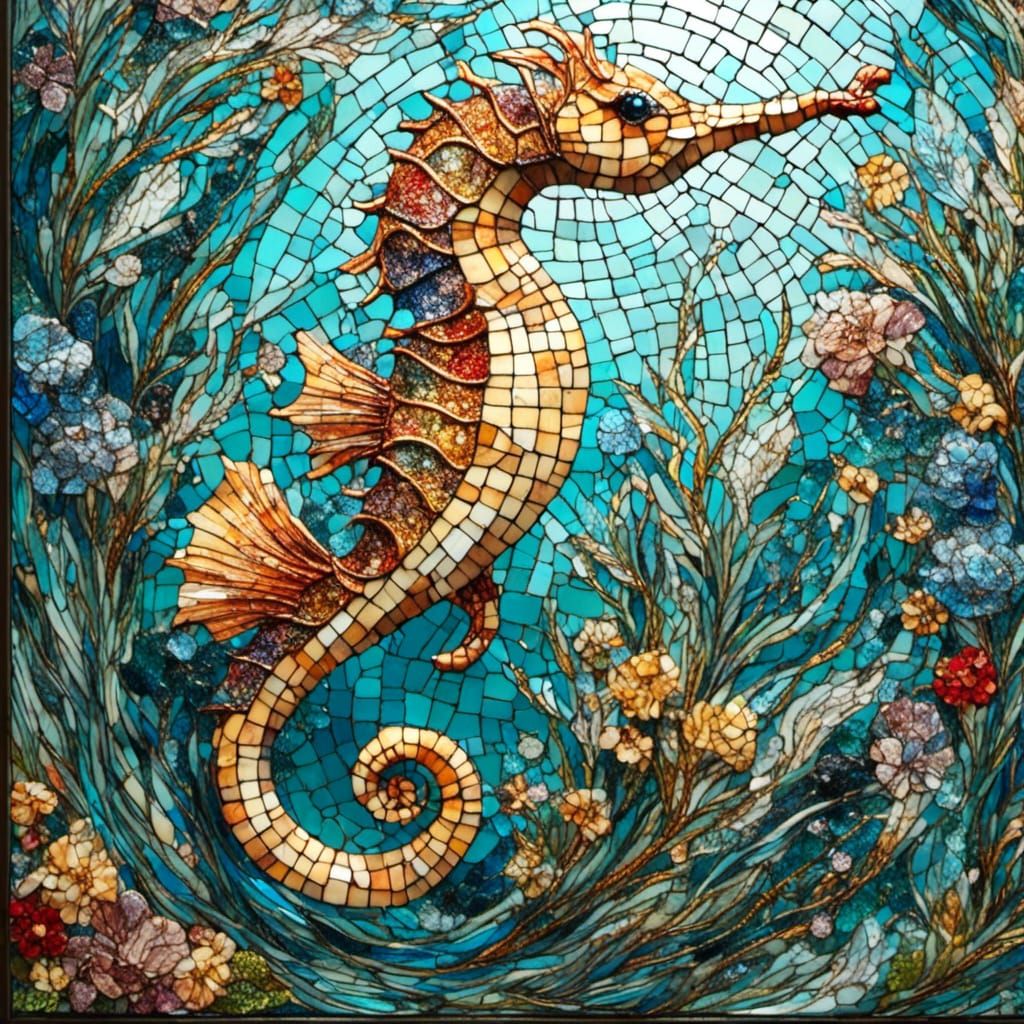 Intricate Stained Glass Mosaic of a Seahorse