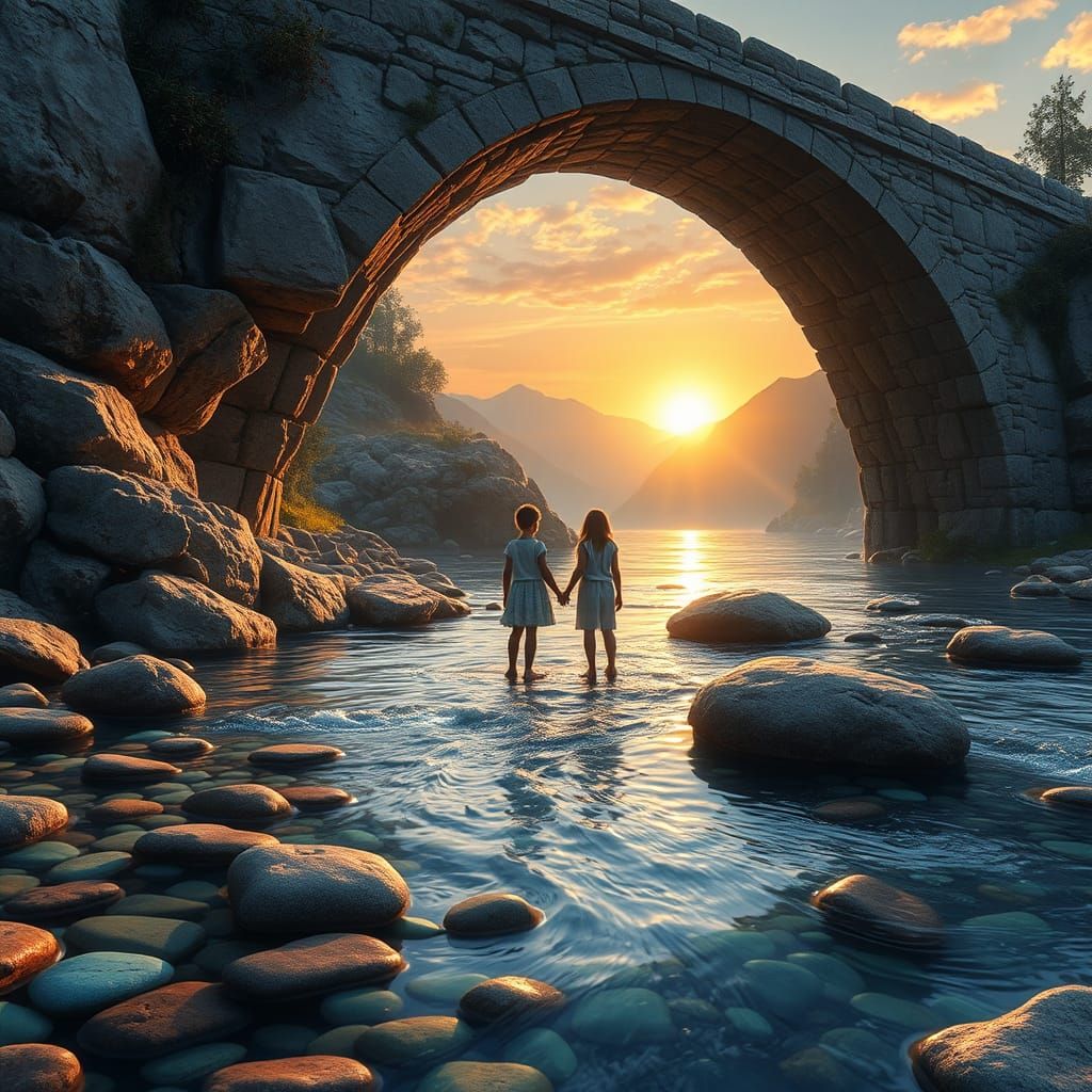 Idyllic Shorescape with Ancient Stone Bridge