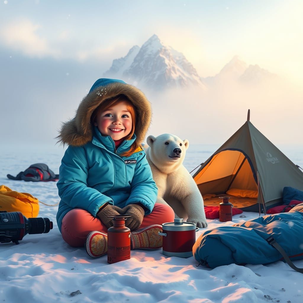 Young Girl Sets Up Camp with Loyal Polar Bear in Serene Wint...