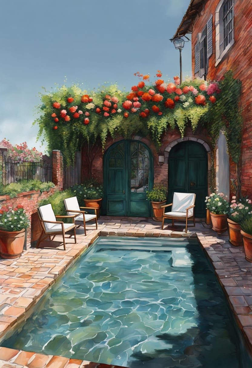 Courtyard Waterfall Garden with Flowering Vines