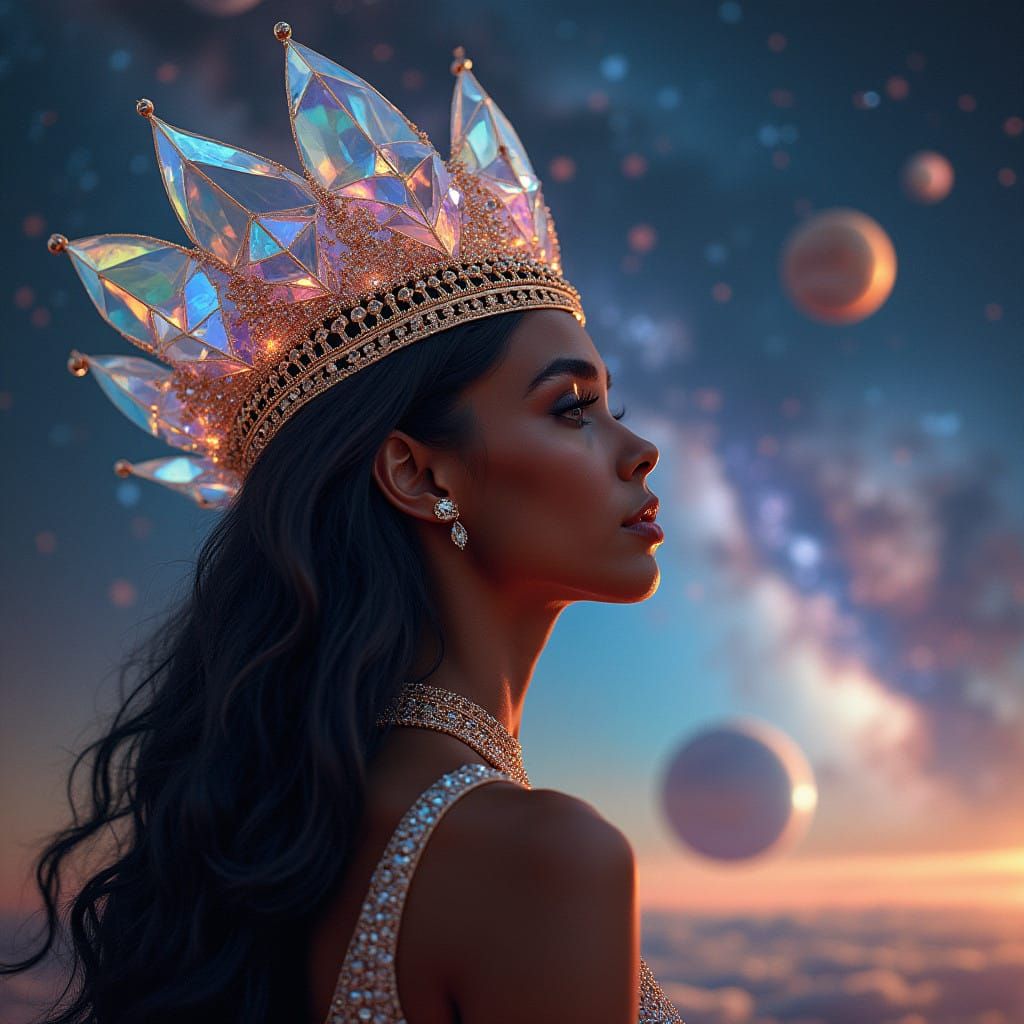 a close up of a woman wearing a transparent, prismatic, elaborate nemeses headdress, over the shoulder pose, brown skin-...