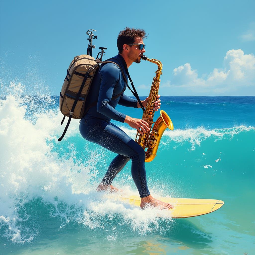 Saxophonist Rides Wave at Camboinhas Beach in Vibrant Style