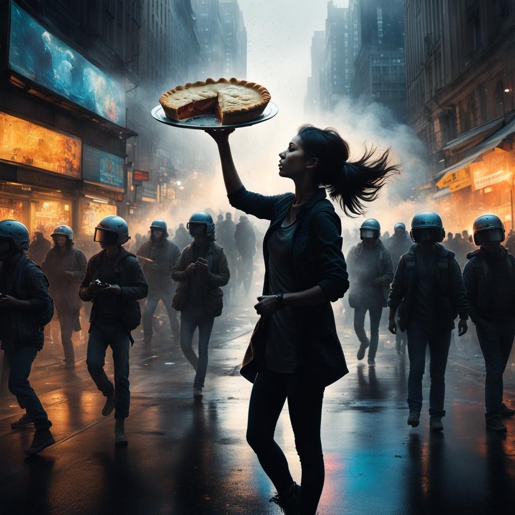 Iridescent Silhouette of Protester Throwing Pie