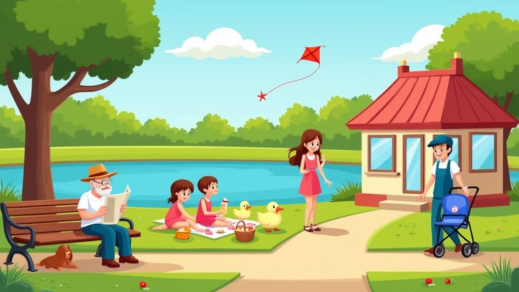 Cartoon-Style Park Scene with Happy Family and Friends