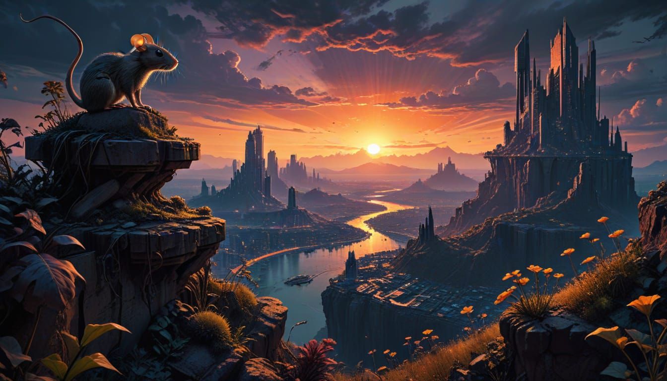 Alien Cityscape with Rat in Surrealist Style