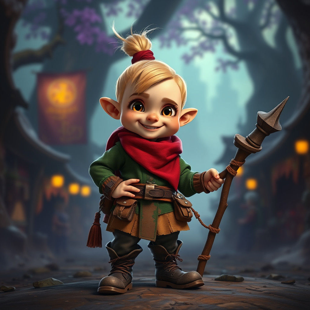 A mischievous, childlike figure stands confidently, exuding ...