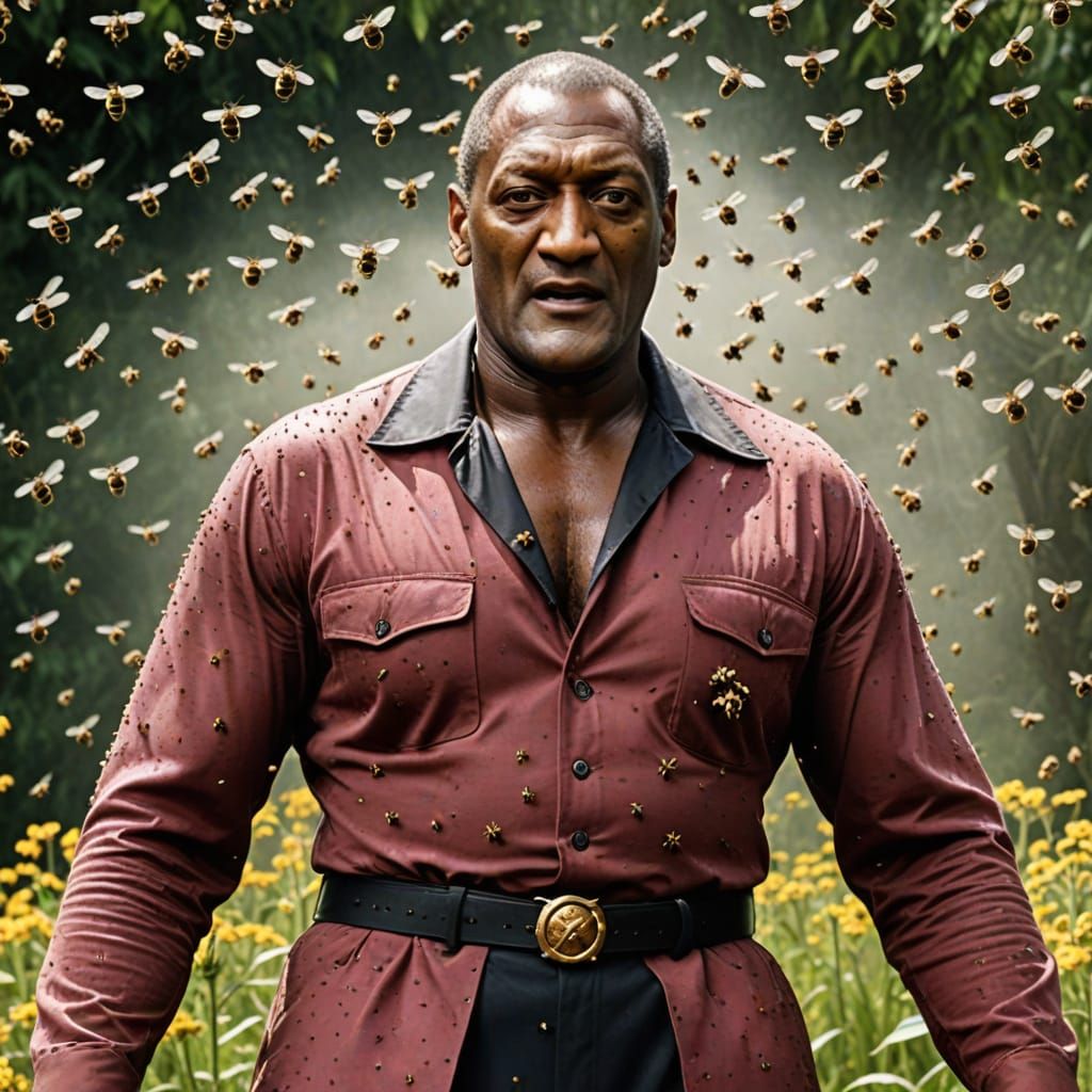 Beefcake Candyman (Tony Todd) surrounded by a swarm of bees.