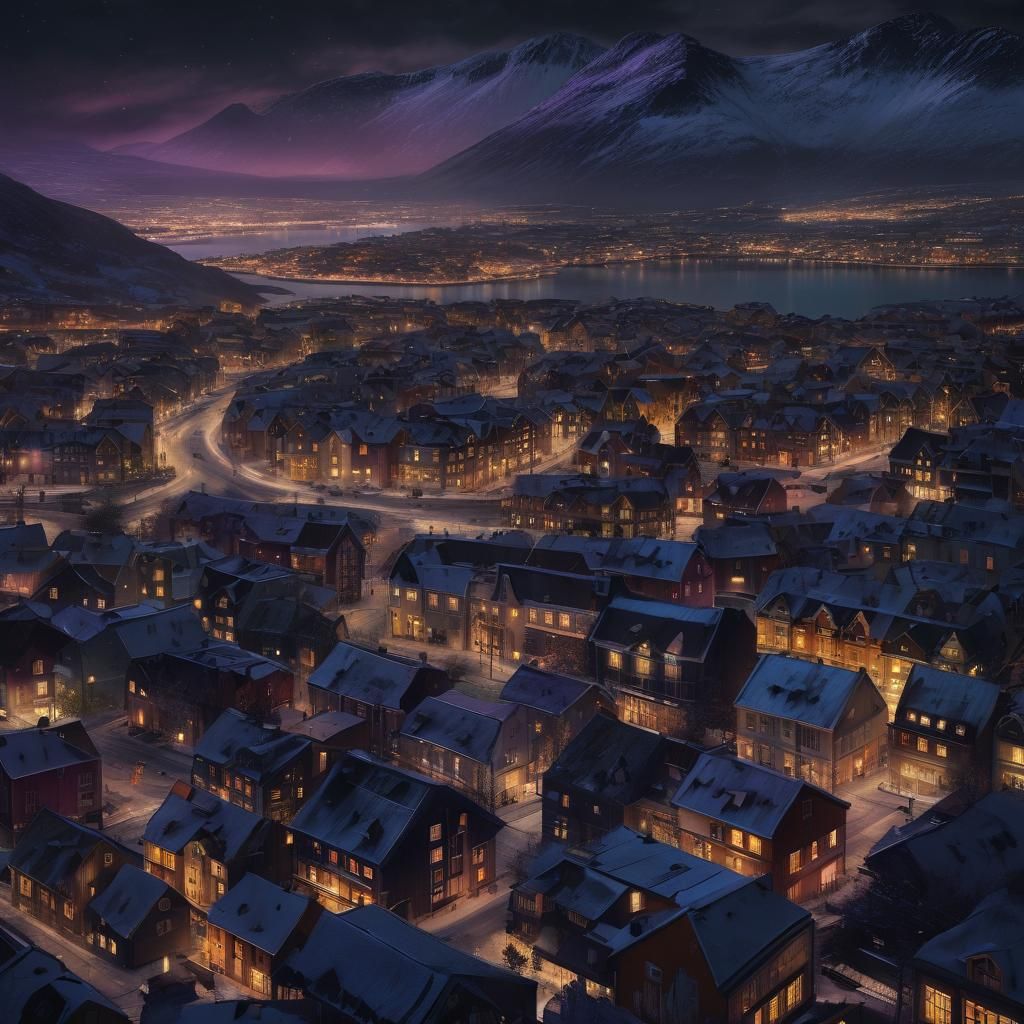Tromsø Nightscape with Northern Lights in Dark Fantasy Style