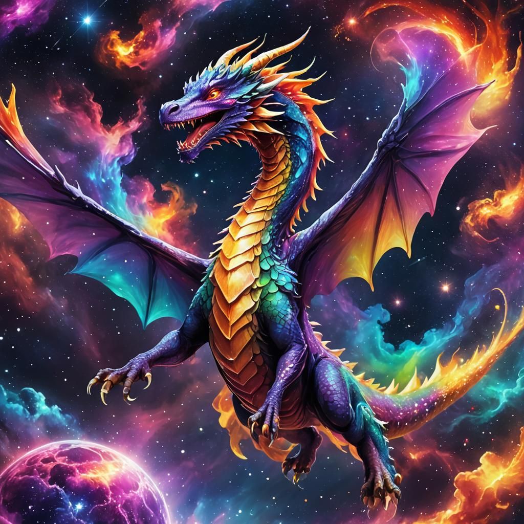 Rainbow Dragon Soaring Through Space in Anime Style