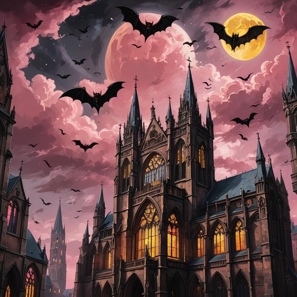 Gothic Abbey Under Pink Moon in Fantasy Oil Painting