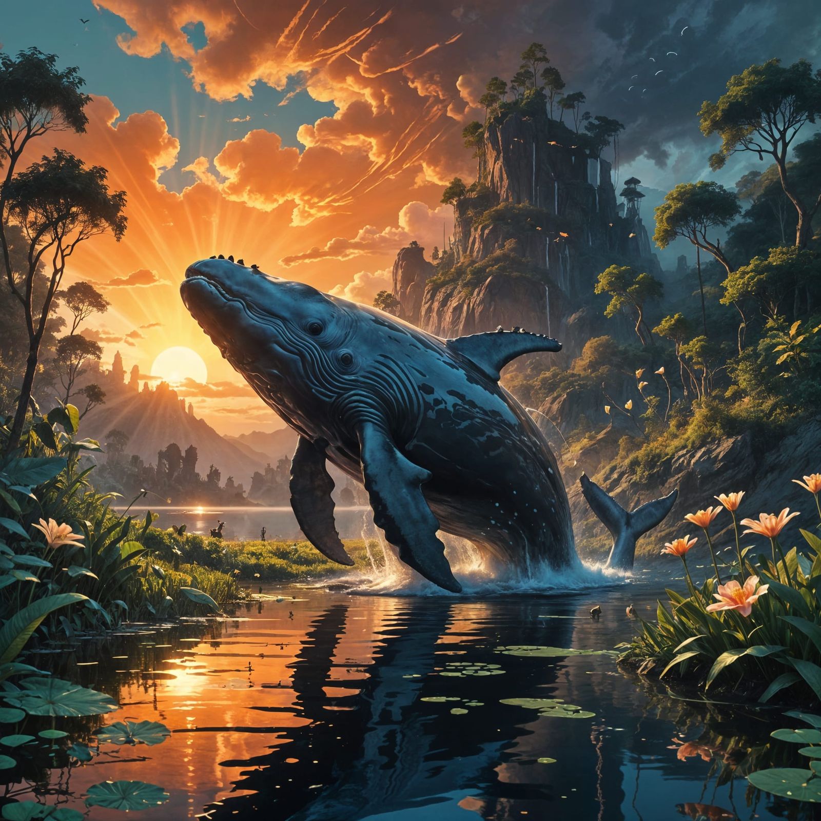 Whale soars above serene lake scene in breathtaking digital ...