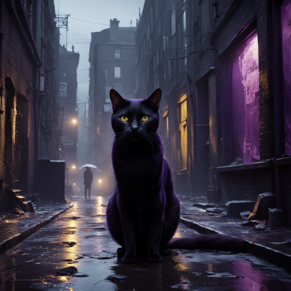 Black Cat in Dystopian City: Dark Surrealism