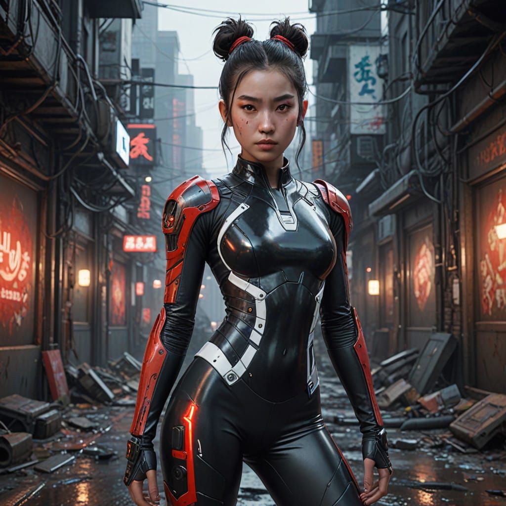 Cyberpunk Beauty in Modern Attire with Red Accents