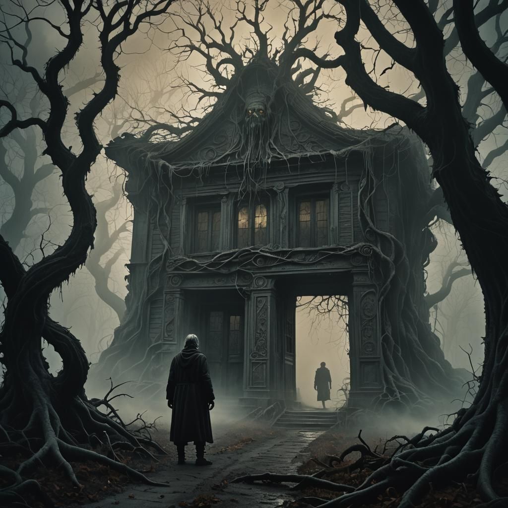 Eerie Figure in Haunted House Mist, Dark Fantasy