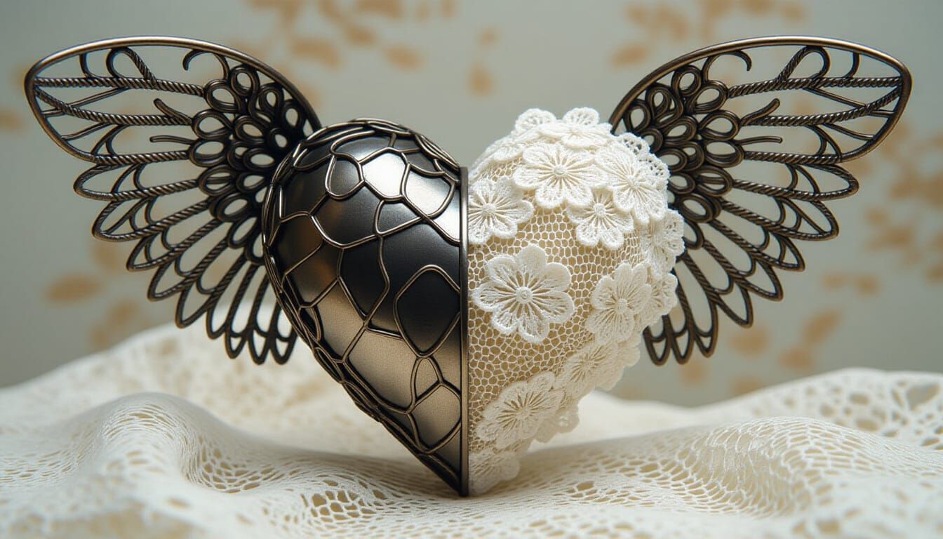 Heart with Metal and Lace Wings