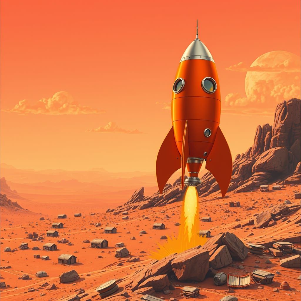 Retro Futurism Rocket Lands on Alien Orange World