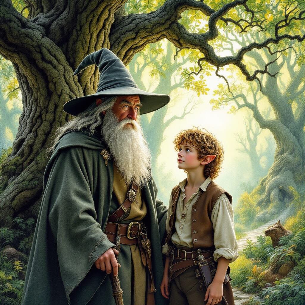 Gandalf and Bilbo in Mystical Forest, Fantasy Illustration