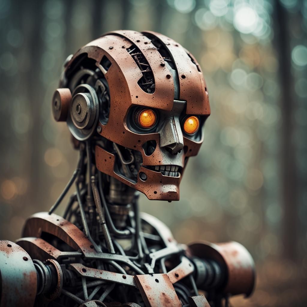 Decaying Cyborg Robot Portrait in Post-Apocalyptic Style