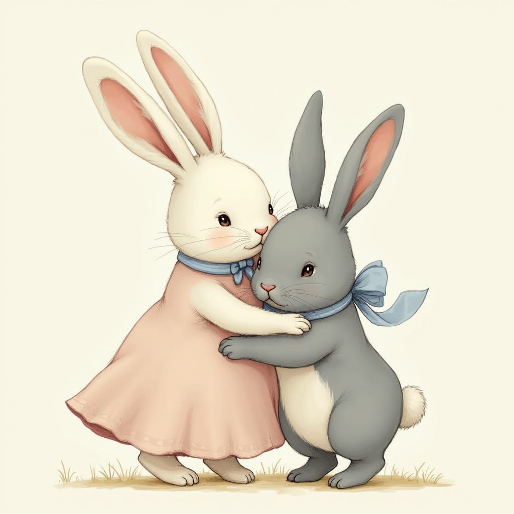 Chubby Bunnies Hugging Toy Bunnies in Whimsical Style