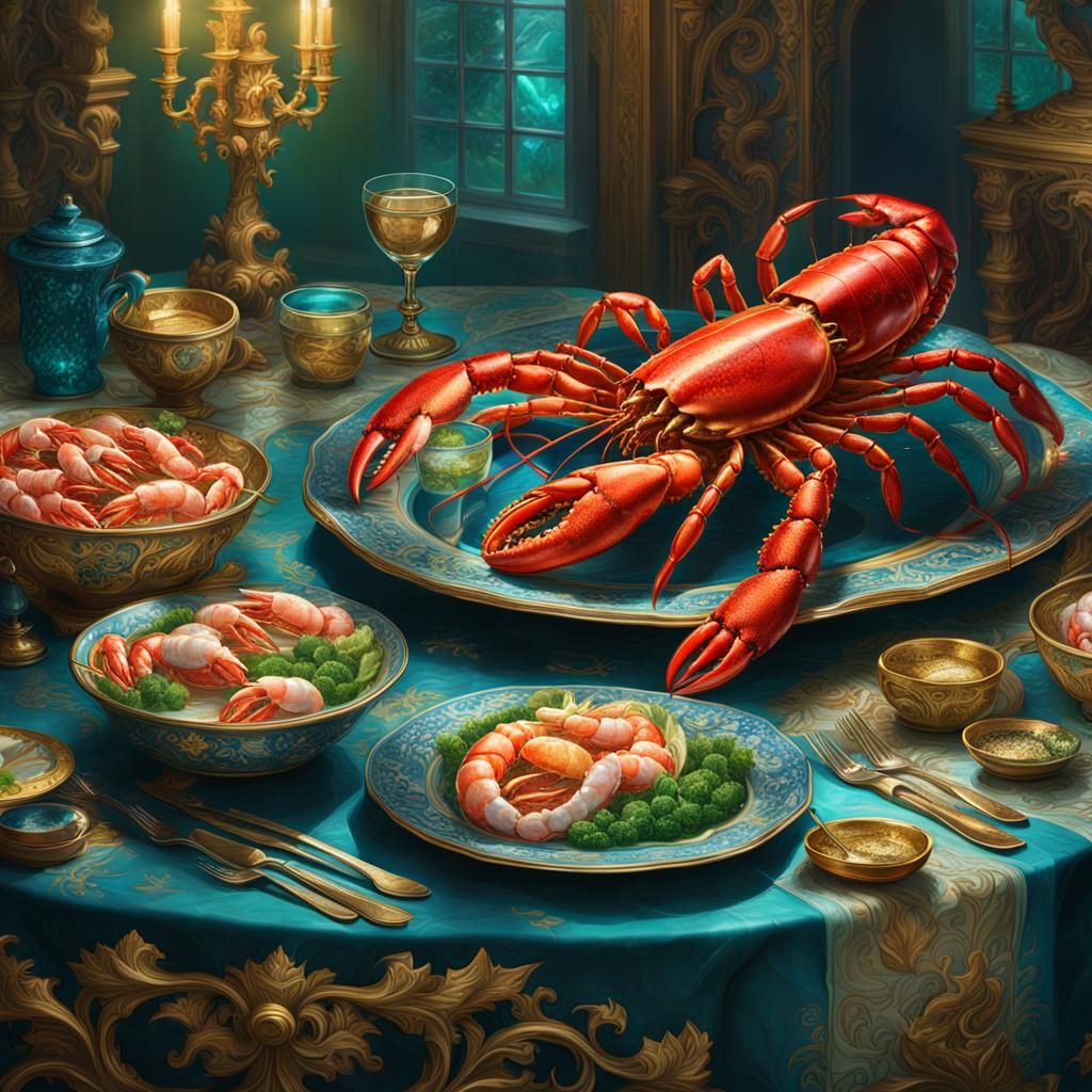 Fantasy Still Life with Lobster in Digital Art Style