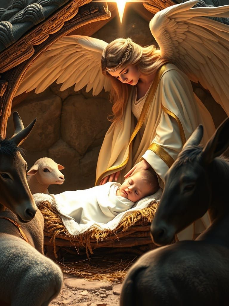 Serene Christmas Angel Gently Watches Christ Child in Whimsi...