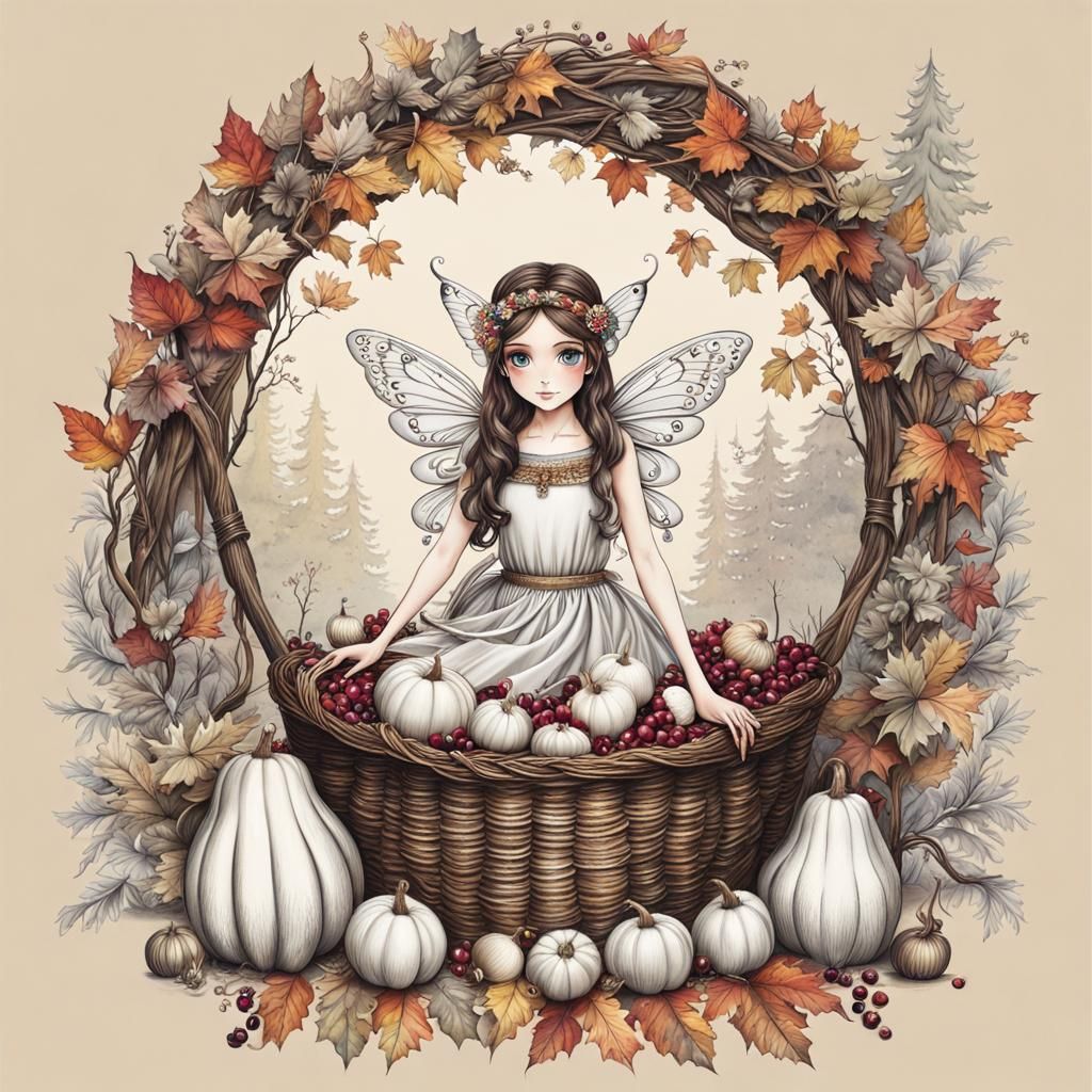 Autumn Fairy and Harvest Cornucopia in Gouache Style