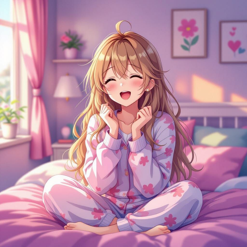 Anime Girl Yawning at Dawn in Bedroom