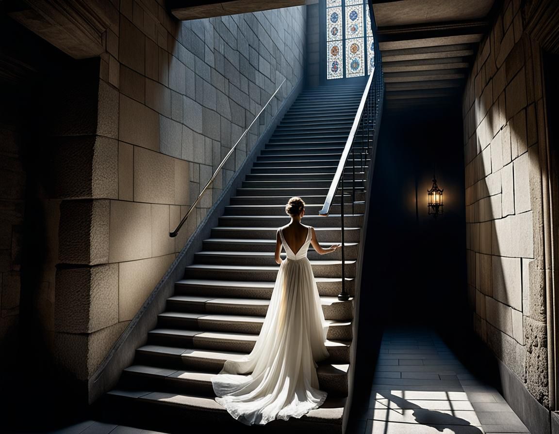 Elegant Woman Descending Staircase in Dramatic Light