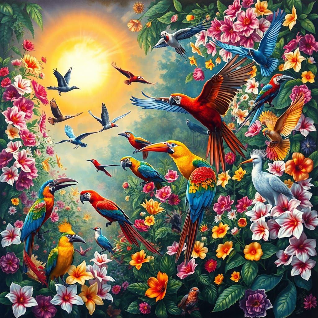 Birds in Lush Floral Tapestry, Digital Art