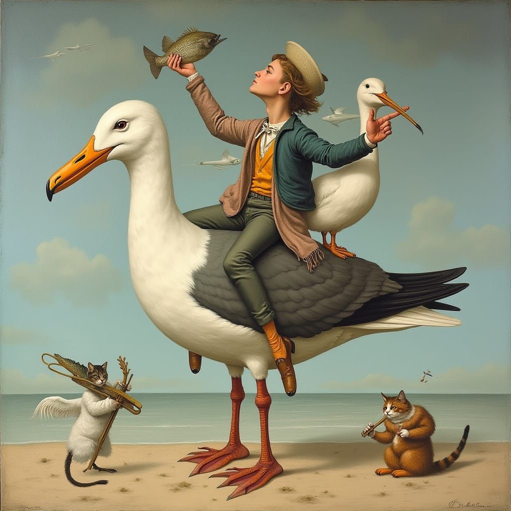 Durer Style Beach Scene with Surreal Seagull and Figures