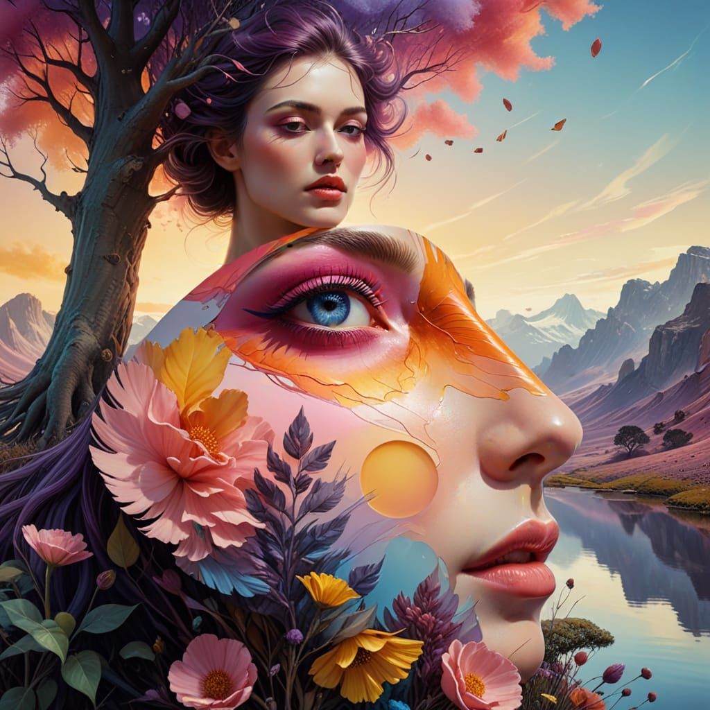 Surrealistic Landscape Melts into a Young Woman's Face