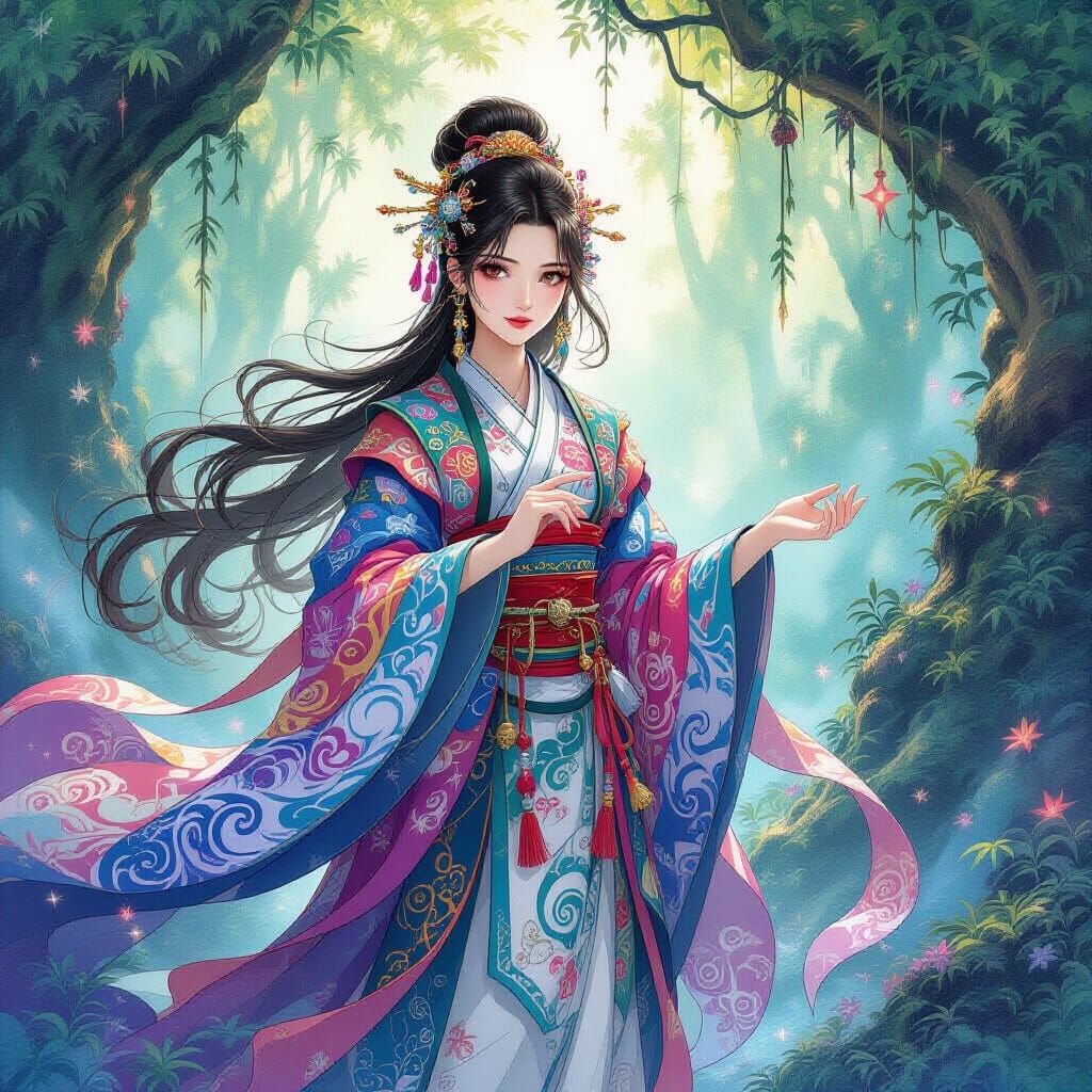 Anime Concept Art: Female Shaman in Psychedelic Forest