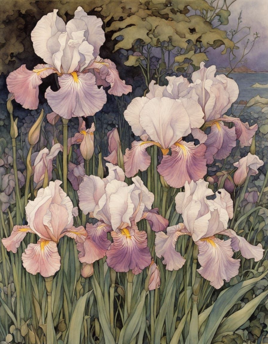 Beautiful irises in the pink evening light