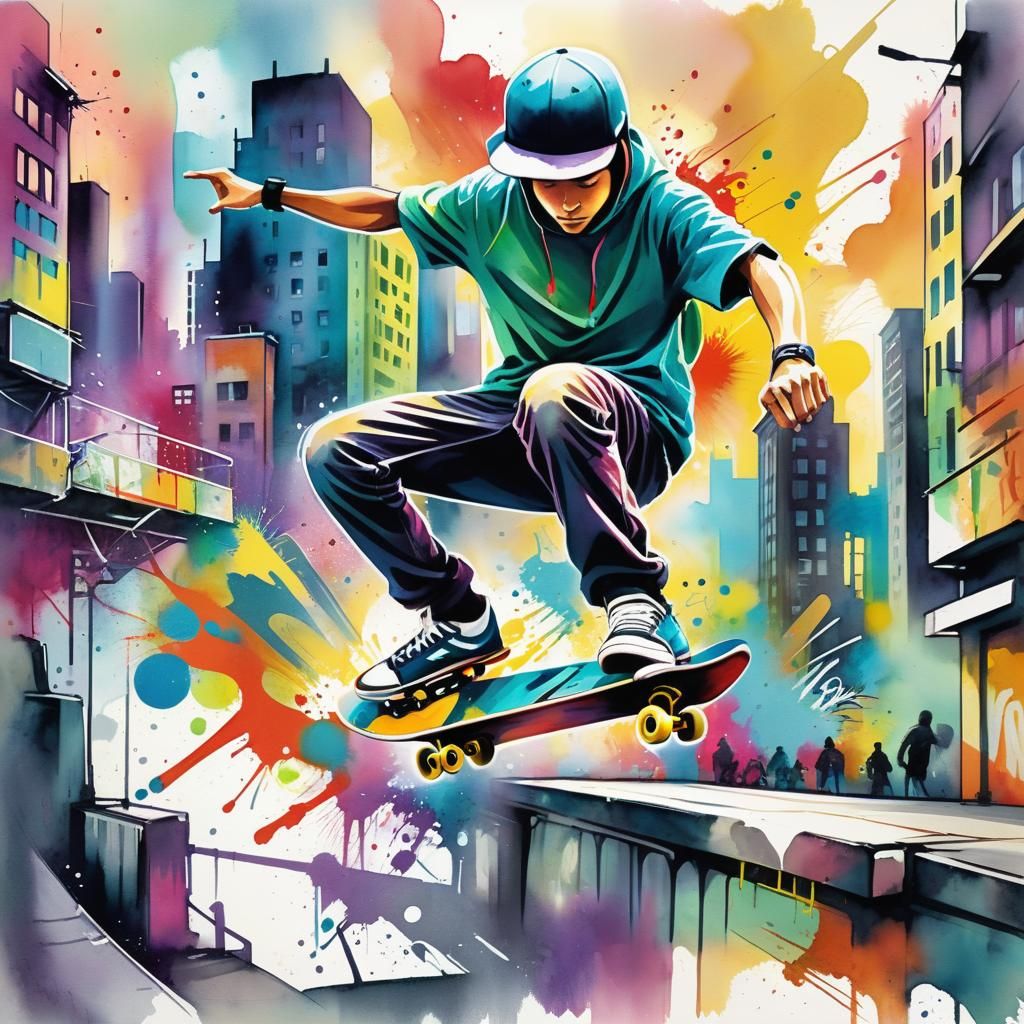 Graffiti-Style Cityscape with Skateboarder in Watercolor