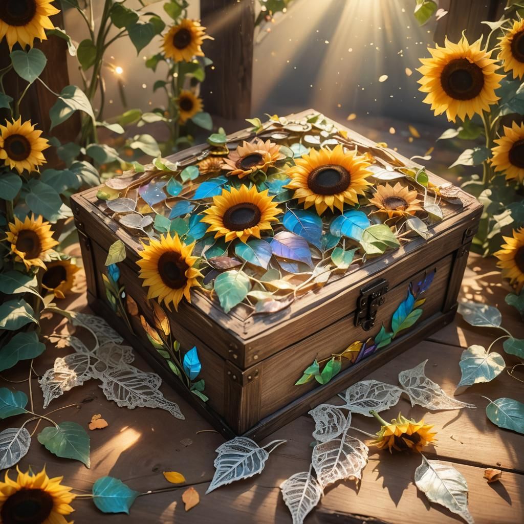 Rustic Box with Iridescent Sunflowers: Fantasy Art