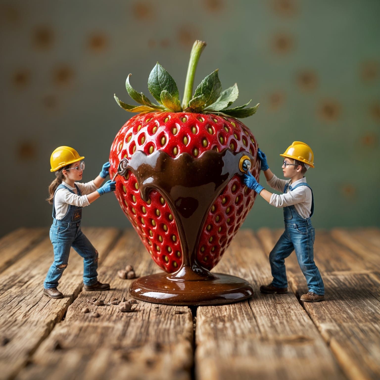 Gnomes working to create a chocolate dipped strawberry