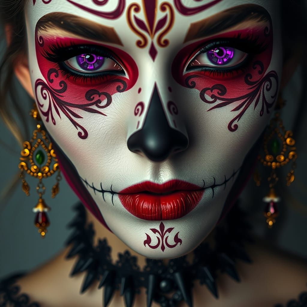 Pale Woman with Sugar Skull Makeup in Art Nouveau Style