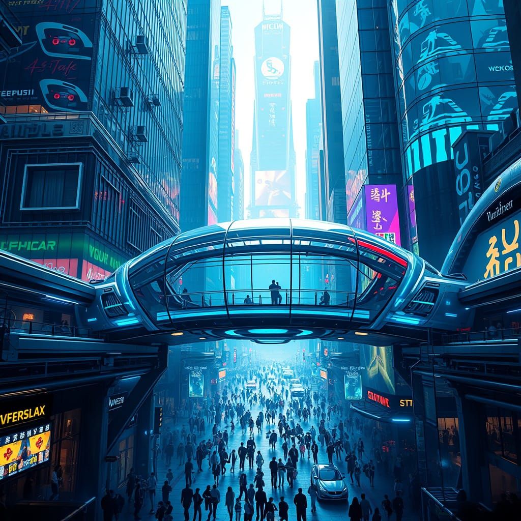 Futuristic Cyberpunk Cityscape with a Suspended Glass Bridge
