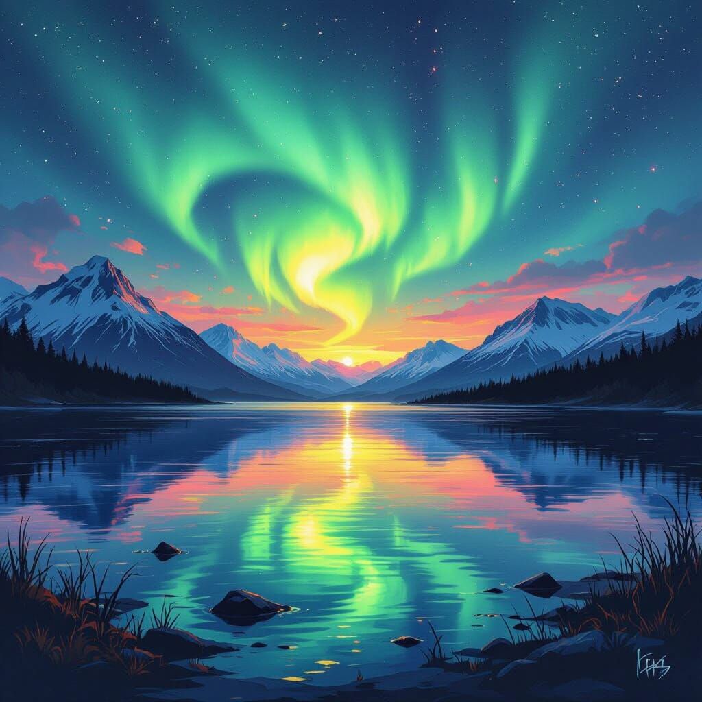 Colorful Northern Lights Graffiti Art Above Mountain Lake