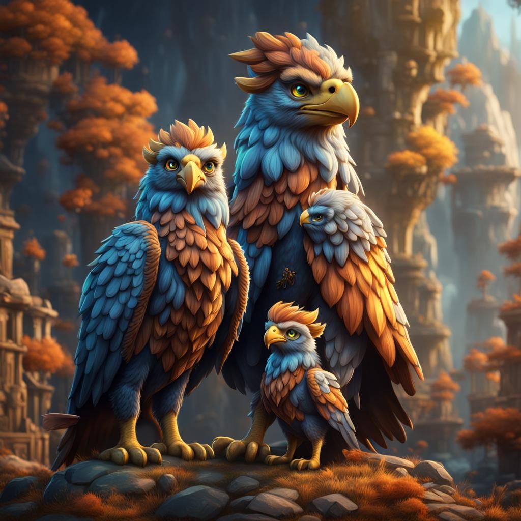 Adorable Griffin Family: Detailed Fantasy Art