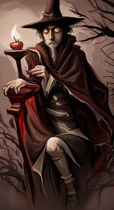 ruined spell wizard, tim burton style, black sepia and red c...