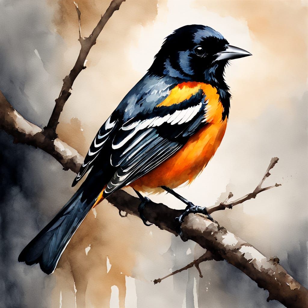 Vibrant Oriole in Chiaroscuro Watercolor