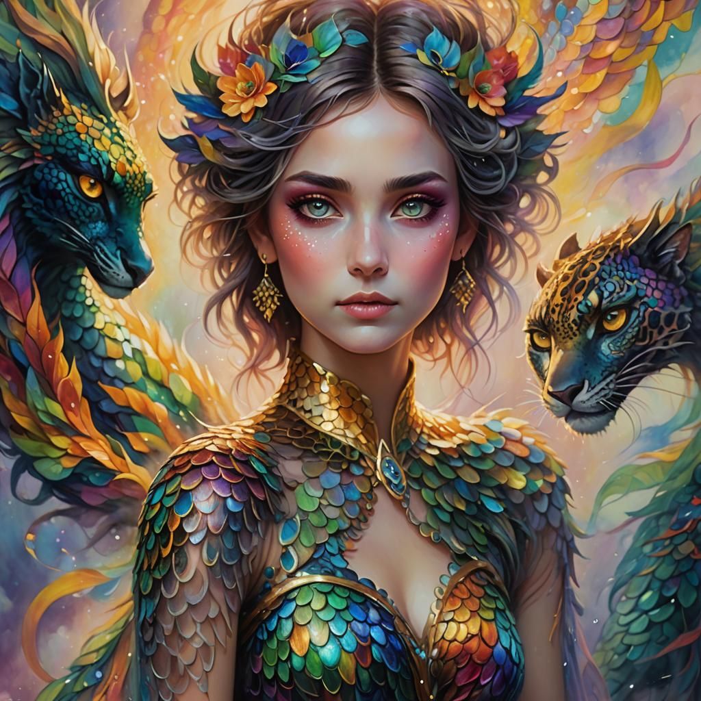Ethereal Woman with Dragon Scales in Oil Painting
