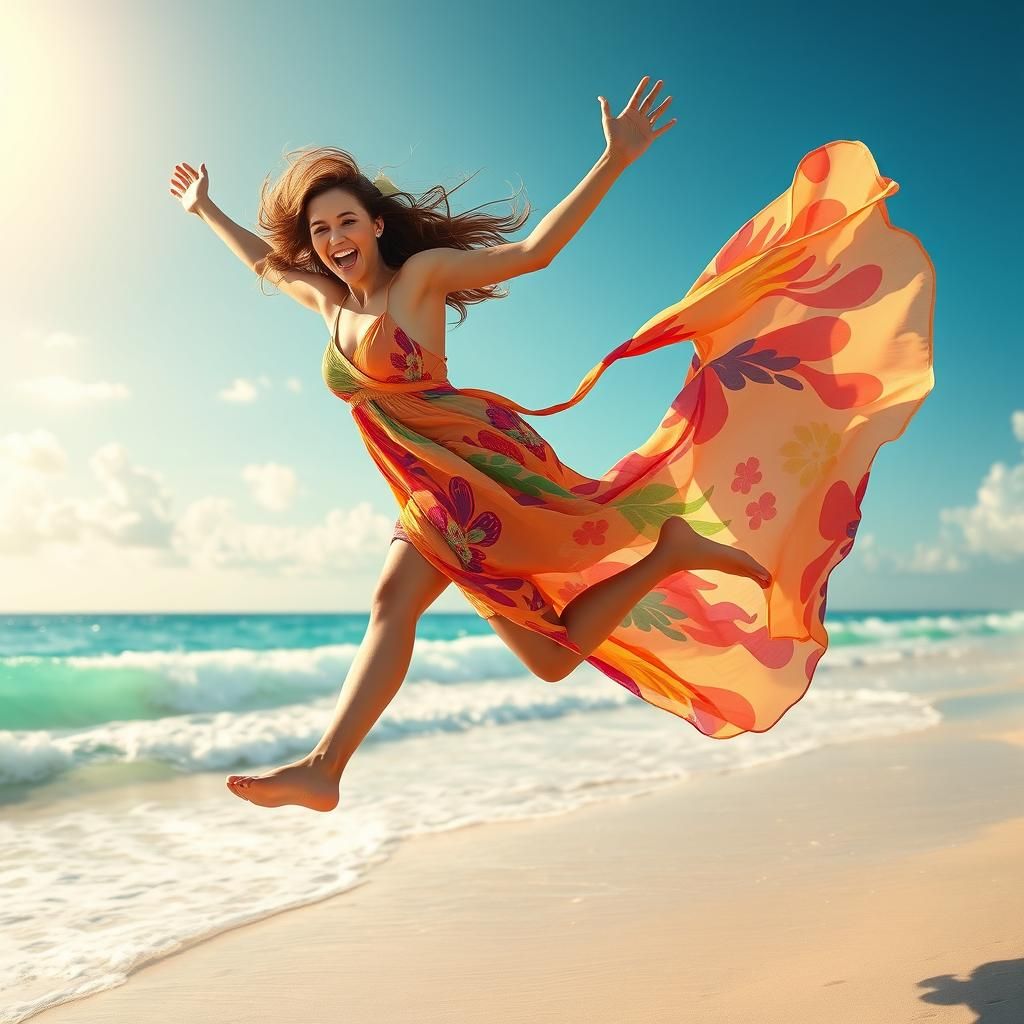 Joyful Woman Leaping on Beach in Hyperrealistic Style