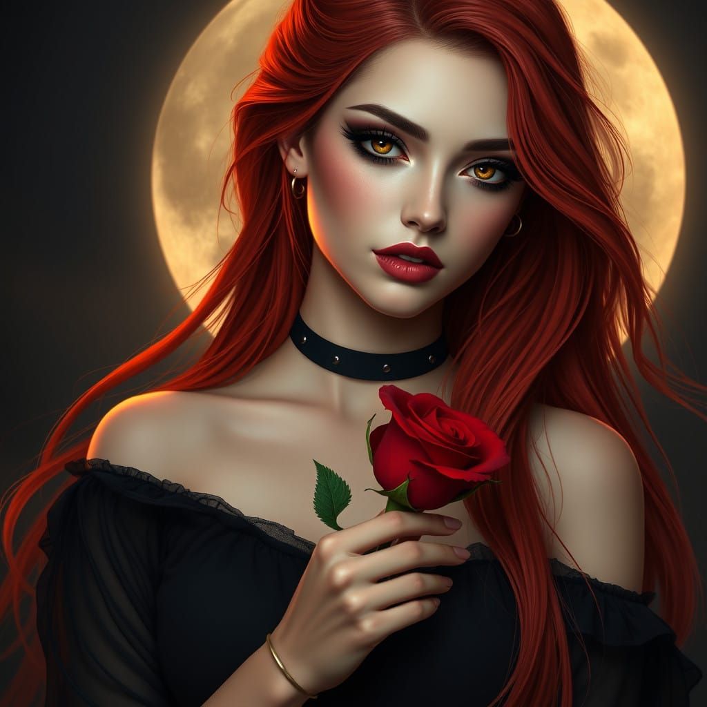 Ethereal Goddess in Red Hair and Black Attire, Holding a Ros...