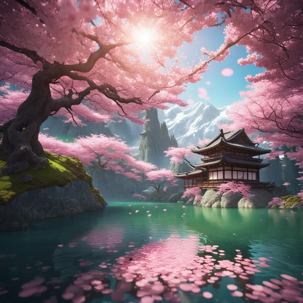 Mythical Cherry Blossom Tree Scene in Japan